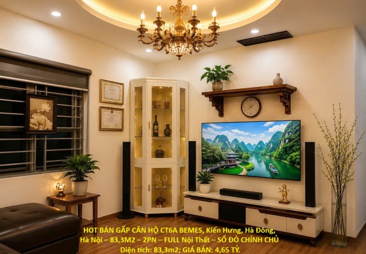 HOT BÁN GẤP CĂN HỘ CT6A BEMES – 83,3M2 – 2PN – FULL Nội Thất – SỔ ĐỎ CHÍNH CHỦ