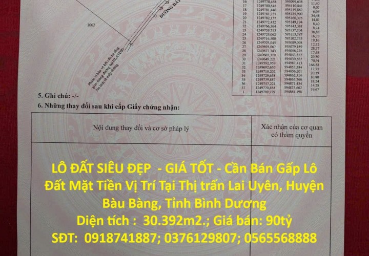 LÔ ĐẤT SIÊU ĐẸP  - GIÁ TỐT - Cần Bán Gấp Lô Đất Mặt Tiền Vị Trí Tại Huyện Bàu Bàng, Tỉnh Bình Dương