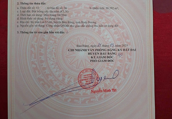 LÔ ĐẤT SIÊU ĐẸP  - GIÁ TỐT - Cần Bán Gấp Lô Đất Mặt Tiền Vị Trí Tại Huyện Bàu Bàng, Tỉnh Bình Dương