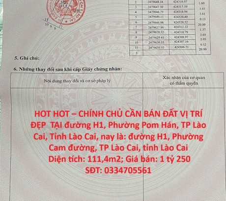 HOT HOT – CHÍNH CHỦ CẦN BÁN ĐẤT VỊ TRÍ ĐẸP TẠI đường H1, Phường Pom Hán, TP Lào Cai, Tỉnh Lào Cai