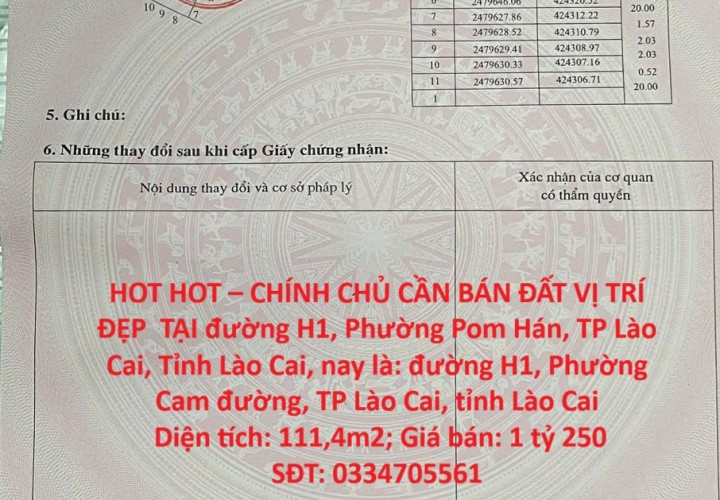 HOT HOT – CHÍNH CHỦ CẦN BÁN ĐẤT VỊ TRÍ ĐẸP  TẠI đường H1, Phường Pom Hán, TP Lào Cai, Tỉnh Lào Cai