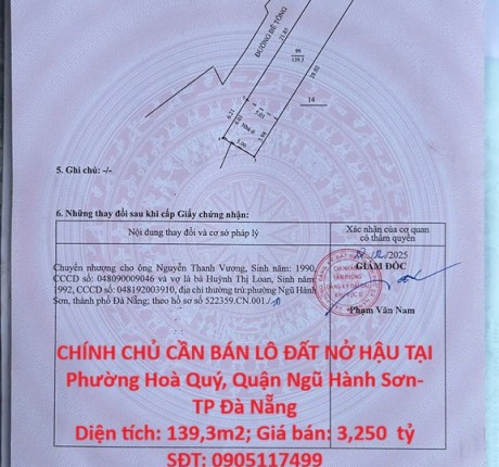 HOT HOT – CHÍNH CHỦ CẦN BÁN LÔ ĐẤT NỞ HẬU TẠI Phường Hoà Quý, Quận Ngũ Hành Sơn- TP Đà Nẵng