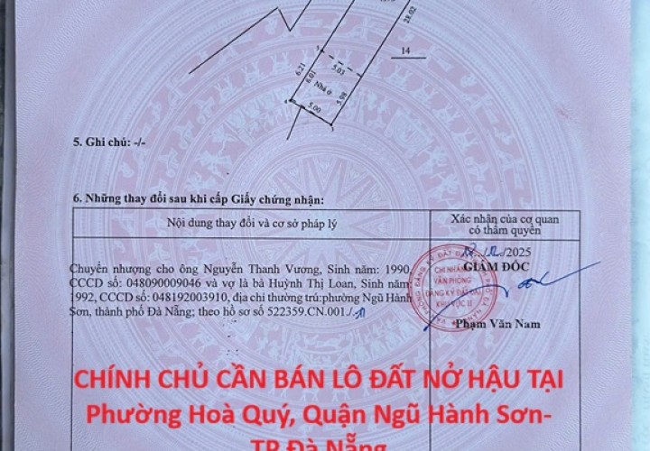 HOT HOT – CHÍNH CHỦ CẦN BÁN LÔ ĐẤT NỞ HẬU TẠI Phường Hoà Quý, Quận Ngũ Hành Sơn- TP Đà Nẵng