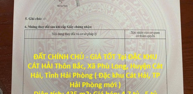 ĐẤT CHÍNH CHỦ - GIÁ TỐT Tại ĐẶC KHU CÁT HẢI Thôn Bắc, Xã Phù Long, Huyện Cát Hải, Tỉnh Hải Phòng