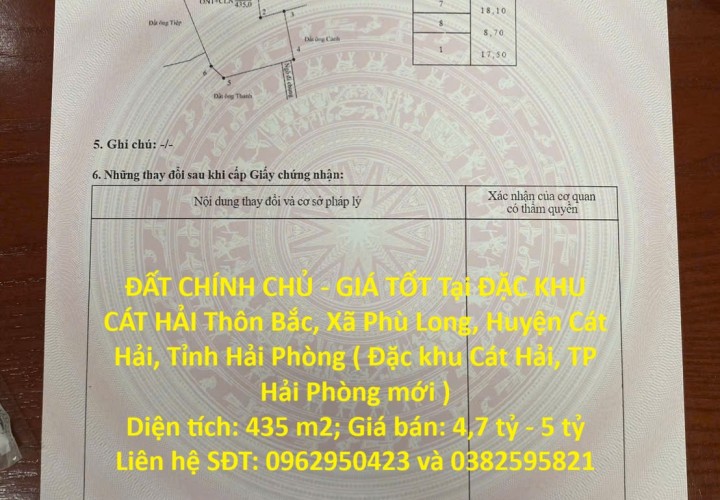 ĐẤT CHÍNH CHỦ - GIÁ TỐT Tại ĐẶC KHU CÁT HẢI Thôn Bắc, Xã Phù Long, Huyện Cát Hải, Tỉnh Hải Phòng