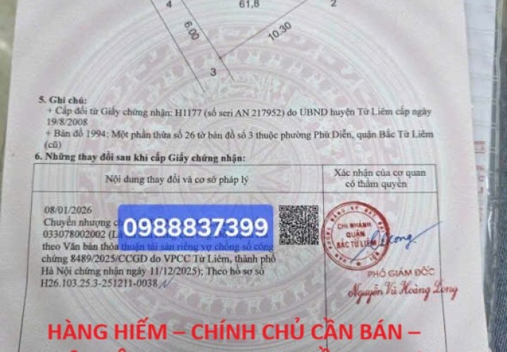 HÀNG HIẾM – CHÍNH CHỦ CẦN BÁN – 62M² VUÔNG ĐẸP – GPXD 7 TẦNG – P.Phú Diễn, Q. Bắc Từ Liêm, Hà Nội