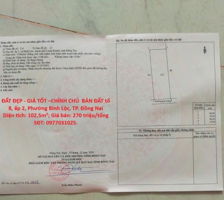 ĐẤT ĐẸP - GIÁ TỐT –CHÍNH CHỦ BÁN ĐẤT tổ 8, ấp 2, Phường Bình Lộc, TP. Đồng Nai