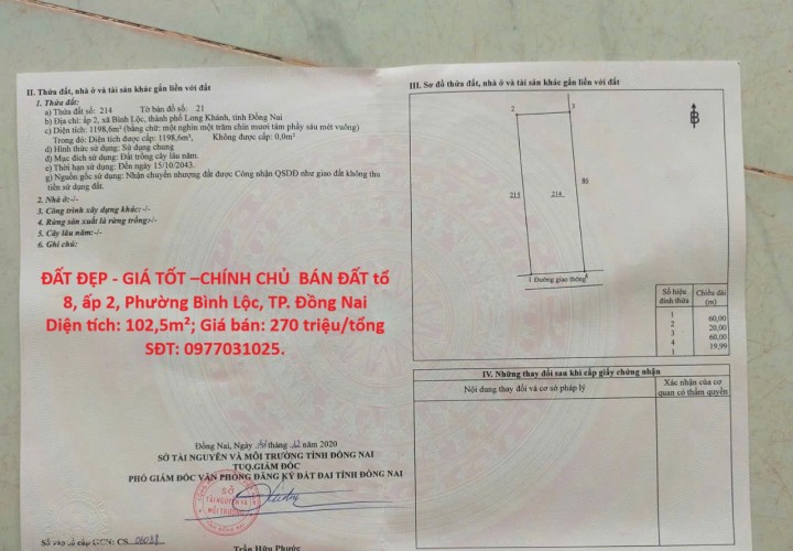 ĐẤT ĐẸP - GIÁ TỐT –CHÍNH CHỦ  BÁN ĐẤT tổ 8, ấp 2, Phường Bình Lộc, TP. Đồng Nai