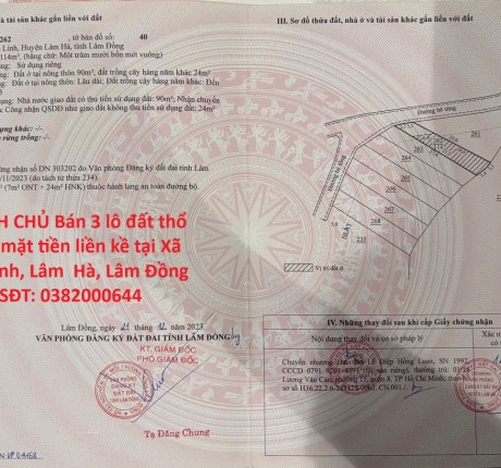 CHÍNH CHỦ Bán 3 lô đất thổ cư 2 mặt tiền liền kề tại Xã Mê Linh, Lâm Hà, Lâm Đồng