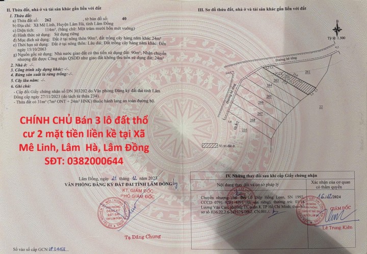 CHÍNH CHỦ Bán 3 lô đất thổ cư 2 mặt tiền liền kề tại Xã Mê Linh, Lâm  Hà, Lâm Đồng