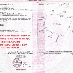 CHÍNH CHỦ Cần Bán Nhanh Lô Đất Vị Trí Đẹp Tại Đường Tỉnh lộ 948, Xã Tân Lợi, Tịnh Biên, An Giang