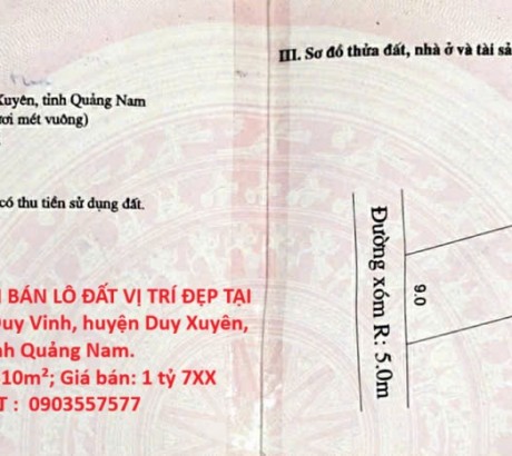 HOT HOT - CẦN BÁN LÔ ĐẤT VỊ TRÍ ĐẸP TẠI Trà Đông , xã Duy Vinh, huyện Duy Xuyên, tỉnh Quảng Nam.