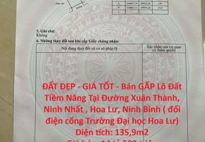 ĐẤT ĐẸP - GIÁ TỐT - Bán GẤP Lô Đất Tiềm Năng Tại Ninh Nhất, Ninh Bình ( đối điện cổng Trường Đại học Hoa Lư)