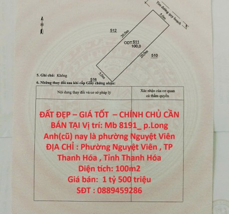 ĐẤT ĐẸP – GIÁ TỐT – CHÍNH CHỦ CẦN BÁN TẠI Vị trí: Mb 8191_ p.Long Anh(cũ) nay là phường Nguyệt Viên