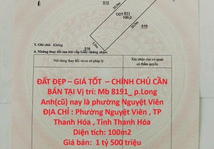ĐẤT ĐẸP – GIÁ TỐT  – CHÍNH CHỦ CẦN BÁN TẠI Vị trí: Mb 8191_ p.Long Anh(cũ) nay là phường Nguyệt Viên