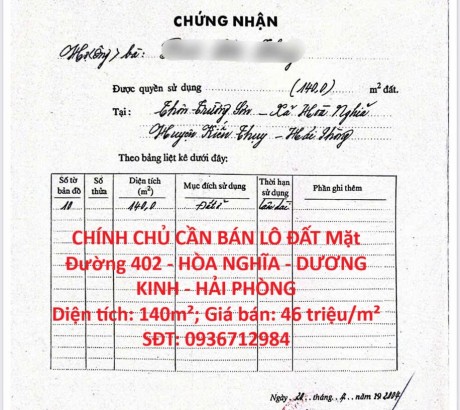 CHÍNH CHỦ CẦN BÁN LÔ ĐẤT Mặt Đường 402 - HÒA NGHĨA - DƯƠNG KINH - HẢI PHÒNG