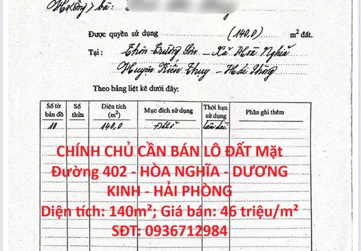 CHÍNH CHỦ CẦN BÁN LÔ ĐẤT Mặt Đường 402 - HÒA NGHĨA - DƯƠNG KINH - HẢI PHÒNG
