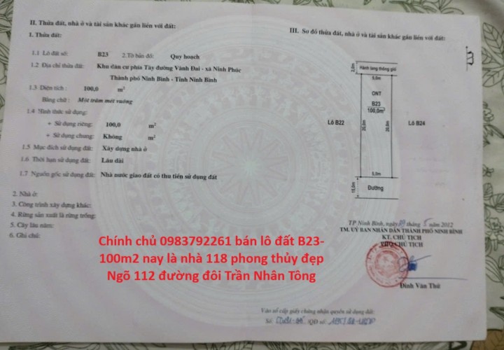 Chính chủ 0983792261 bán lô đất B23- 100m2 nay là nhà 118 phong thủy đẹp Ngõ 112 đường đôi Trần Nhân Tông