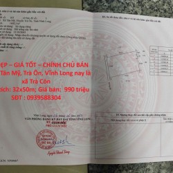 ĐẤT ĐẸP – GIÁ TỐT – CHÍNH CHỦ BÁN TẠI Xã Tân Mỹ, Trà Ôn, Vĩnh Long nay là xã Trà Côn