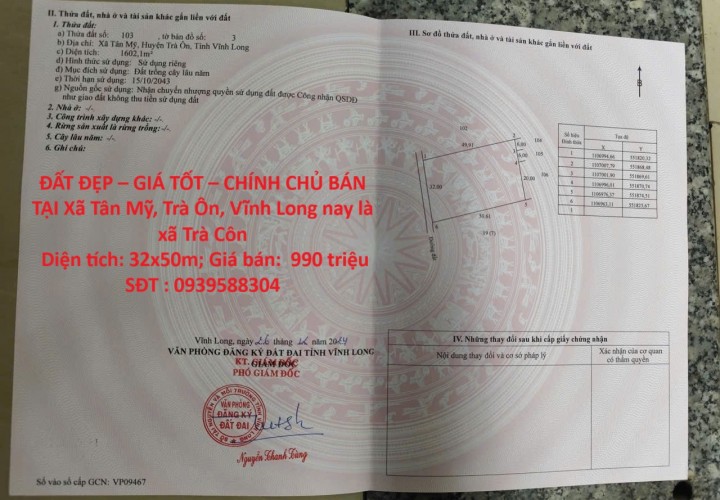 ĐẤT ĐẸP – GIÁ TỐT – CHÍNH CHỦ BÁN TẠI Xã Tân Mỹ, Trà Ôn, Vĩnh Long nay là xã Trà Côn
