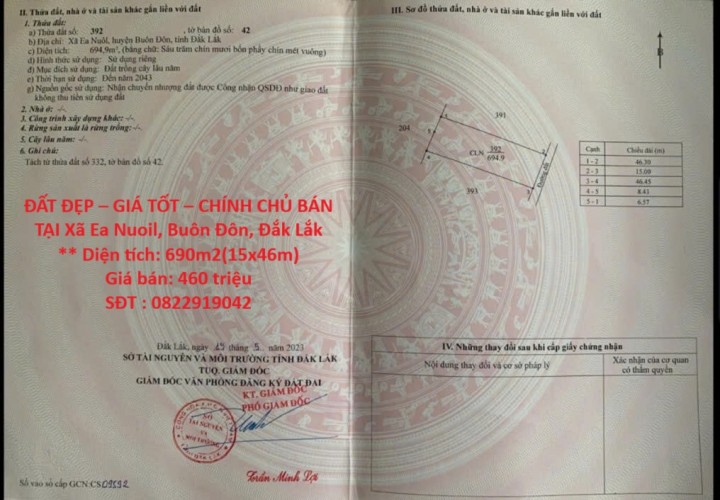 ĐẤT ĐẸP – GIÁ TỐT – CHÍNH CHỦ BÁN TẠI Xã Ea Nuoil, Buôn Đôn, Đắk Lắk