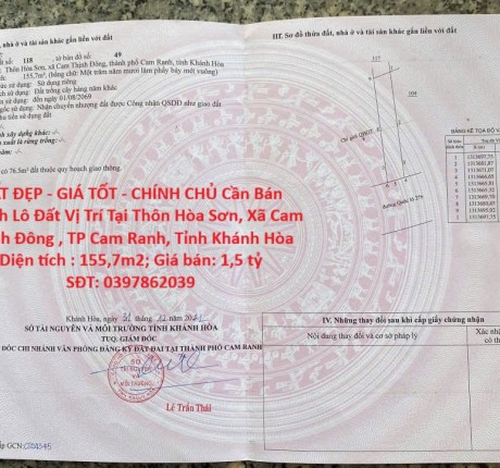 ĐẤT ĐẸP - GIÁ TỐT - CHÍNH CHỦ Cần Bán Nhanh Lô Đất Vị Trí Tại TP Cam Ranh, Tỉnh Khánh Hòa