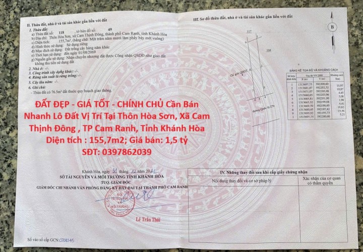 ĐẤT ĐẸP - GIÁ TỐT - CHÍNH CHỦ Cần Bán Nhanh Lô Đất Vị Trí Tại TP Cam Ranh, Tỉnh Khánh Hòa