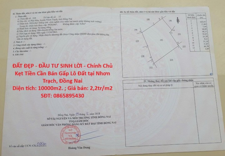 ĐẤT ĐẸP - ĐẦU TƯ SINH LỜI - Chính Chủ Kẹt Tiền Cần Bán Gấp Lô Đất tại Nhơn Trạch, Đồng Nai