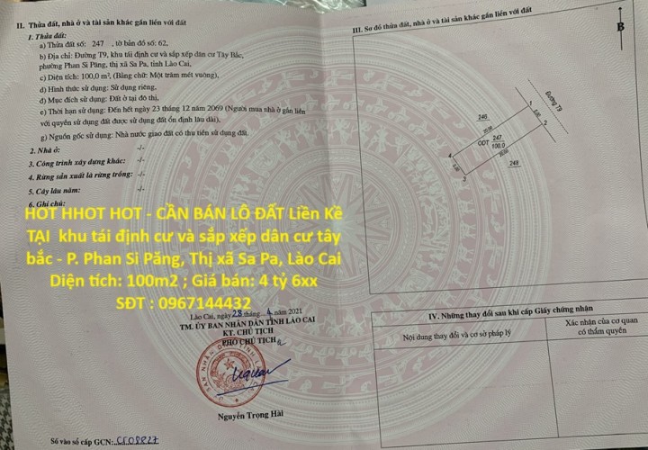 HOT HHOT HOT - CẦN BÁN LÔ ĐẤT Liền Kề TẠI  Phường Phan Si Păng, Thị xã Sa Pa, Lào Cai