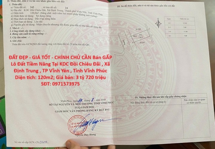 ĐẤT ĐẸP - GIÁ TỐT - CHÍNH CHỦ CẦN Bán GẤP Lô Đất Tiềm Năng Tại ĐỊNH TRUNG - VĨNH YÊN.