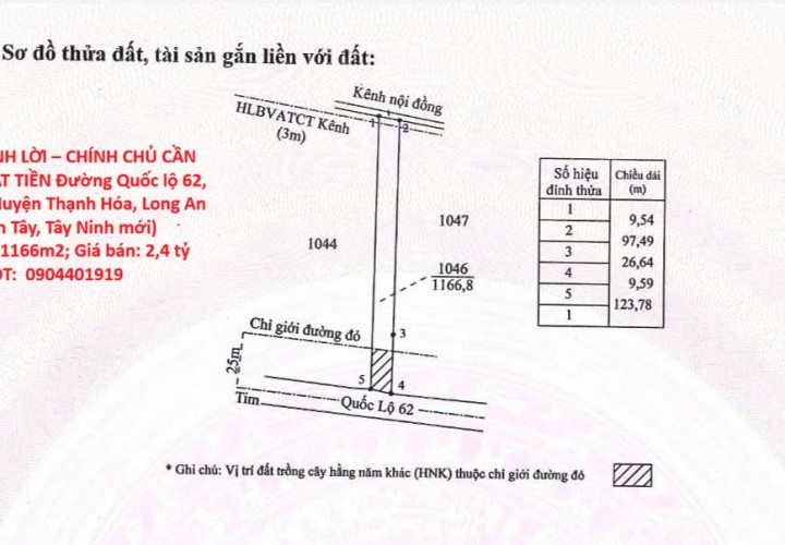 ĐẦU TƯ SINH LỜI – CHÍNH CHỦ CẦN BÁN ĐẤT MẶT TIỀN QL 62  TẠI Xã Tân Tây, Huyện Thạnh Hóa, Long An
