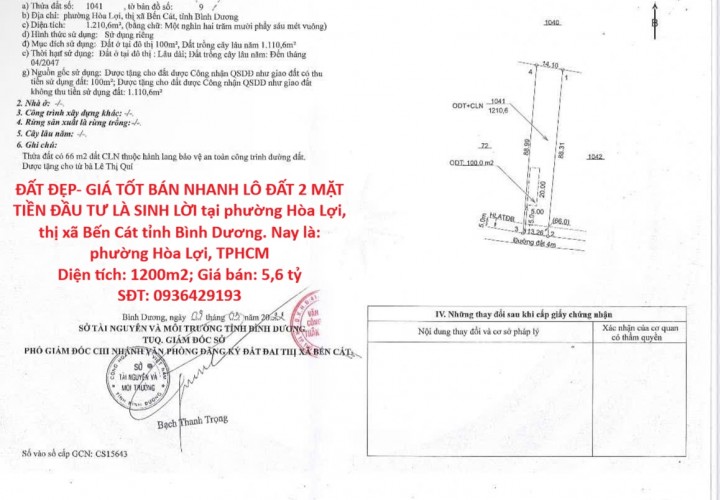 ĐẤT ĐẸP- GIÁ TỐT BÁN NHANH LÔ ĐẤT 2 MẶT TIỀN ĐẦU TƯ LÀ SINH LỜI tại Bến Cát, Bình Dương