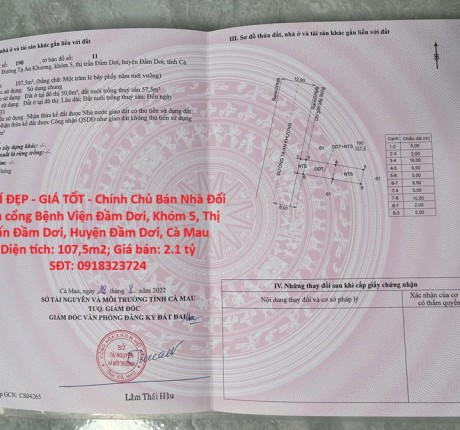 VỊ TRÍ ĐẸP - GIÁ TỐT - Chính Chủ Bán Nhà Đối Diện cổng Bệnh Viện Đầm Dơi, Cà Mau