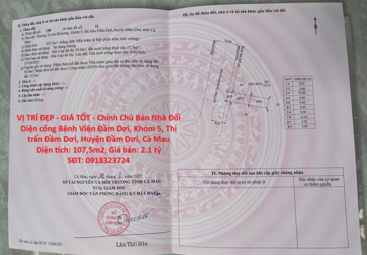VỊ TRÍ ĐẸP - GIÁ TỐT - Chính Chủ Bán Nhà Đối Diện cổng Bệnh Viện Đầm Dơi, Cà Mau