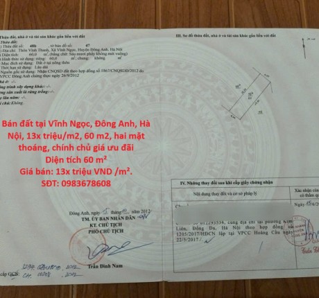 Bán đất tại Vĩnh Ngọc, Đông Anh, Hà Nội, 13x triệu/m2, 60 m2, hai mặt thoáng, chính chủ giá ưu đãi