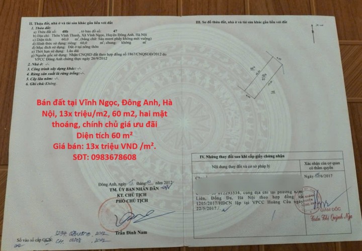 Bán đất tại Vĩnh Ngọc, Đông Anh, Hà Nội, 13x triệu/m2, 60 m2, hai mặt thoáng, chính chủ giá ưu đãi