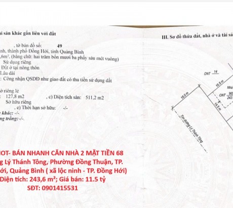 HOT HOT- BÁN NHANH CĂN NHÀ 2 MẶT TIỀN Lý Thánh Tông,TP.Đồng Hới, QB- GẦN NHÀ THI ĐẤU TRUNG TÂM TỈNH