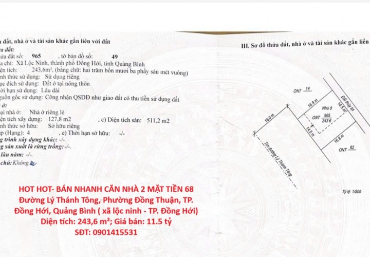 HOT HOT- BÁN NHANH CĂN NHÀ 2 MẶT TIỀN Lý Thánh Tông,TP.Đồng Hới, QB- GẦN NHÀ THI ĐẤU TRUNG TÂM TỈNH