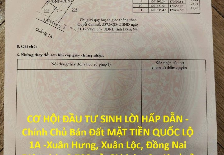 CƠ HỘI ĐẦU TƯ SINH LỜI HẤP DẪN -Chính Chủ Bán Đất MẶT TIỀN QUỐC LỘ 1A -Xuân Hưng, Xuân Lộc, Đồng Nai