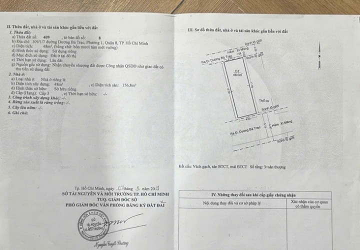 HOT HOT CHÍNH CHỦ CẦN BÁN NHÀ VỊ TRÍ ĐẸP Tại 109/1/7 đường Dương Bá Trạc, Phường 1, Q.8, TP HCM