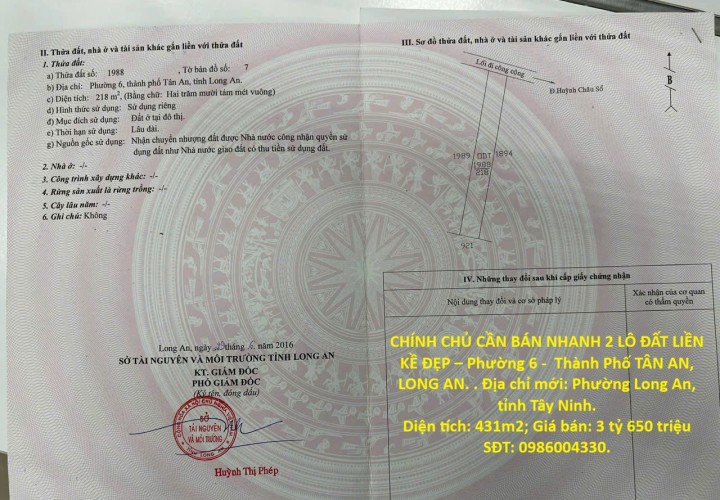 CHÍNH CHỦ CẦN BÁN NHANH 2 LÔ ĐẤT LIỀN KỀ ĐẸP – Phường 6 -  Thành Phố TÂN AN, LONG AN