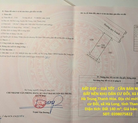 ĐẤT ĐẸP – GIÁ TỐT - CẦN BÁN NHANH LÔ ĐẤT NỀN KHU DÂN CƯ ĐỖI, Xã Hà Long, Hà Trung,Thanh Hóa