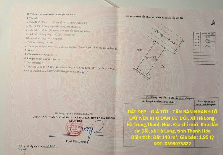 ĐẤT ĐẸP – GIÁ TỐT - CẦN BÁN NHANH LÔ ĐẤT NỀN KHU DÂN CƯ ĐỖI, Xã Hà Long, Hà Trung,Thanh Hóa