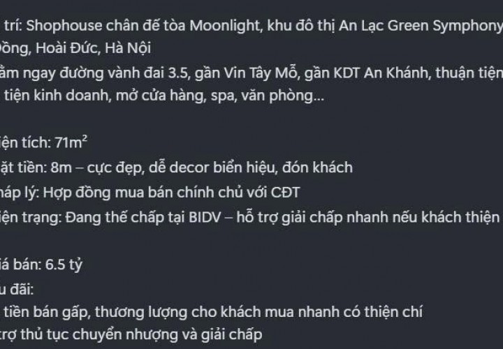 CĂN HỘ ĐẸP- GIÁ TỐT Cần bán Shophouse chân đế chung cư khu An Lạc Symphony.