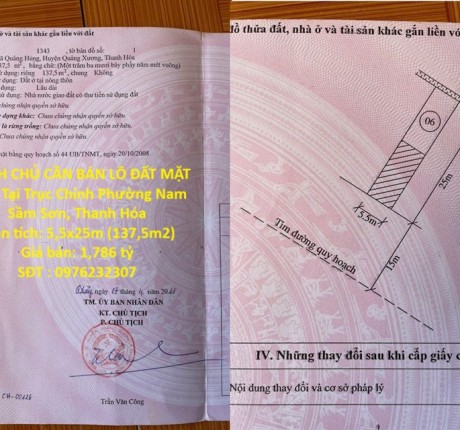CHÍNH CHỦ CẦN BÁN LÔ ĐẤT MẶT TIỀN Tại Trục Chính Phường Nam Sầm Sơn, Thanh Hóa