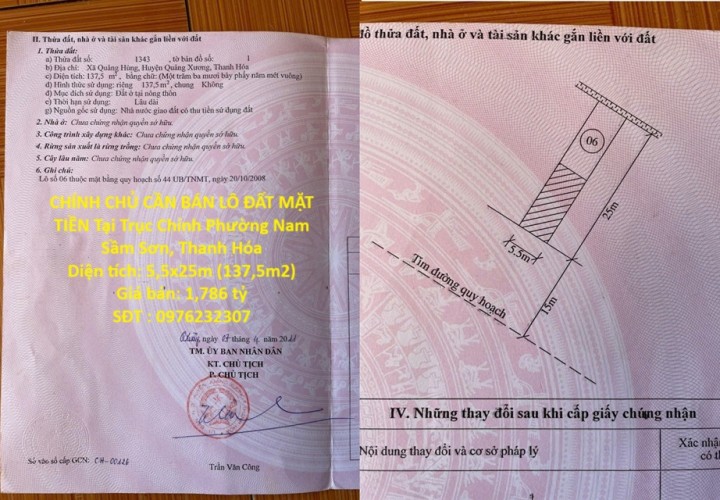 CHÍNH CHỦ CẦN BÁN LÔ ĐẤT MẶT TIỀN Tại Trục Chính Phường Nam Sầm Sơn, Thanh Hóa