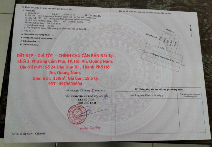 ĐẤT ĐẸP – GIÁ TỐT  – CHÍNH CHỦ CẦN BÁN Đất Tại Khối 3, Phường Cẩm Phô, TP. Hội An, Quảng Nam.