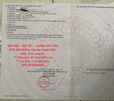 ĐẤT ĐẸP – GIÁ TỐT – CHÍNH CHỦ CẦN BÁN Đất Xã Đức Lập Hạ, Huyện Đức Hoà, Tỉnh Long An