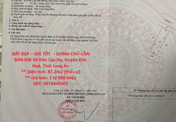 ĐẤT ĐẸP – GIÁ TỐT  – CHÍNH CHỦ CẦN BÁN Đất Xã Đức Lập Hạ, Huyện Đức Hoà, Tỉnh Long An