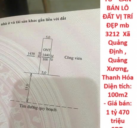 ĐẤT ĐẸP – GIÁ ĐẦU TƯ -CẦN BÁN LÔ ĐẤT VỊ TRÍ ĐẸP mb 3212 Xã Quảng Định , Quảng Xương, Thanh Hóa